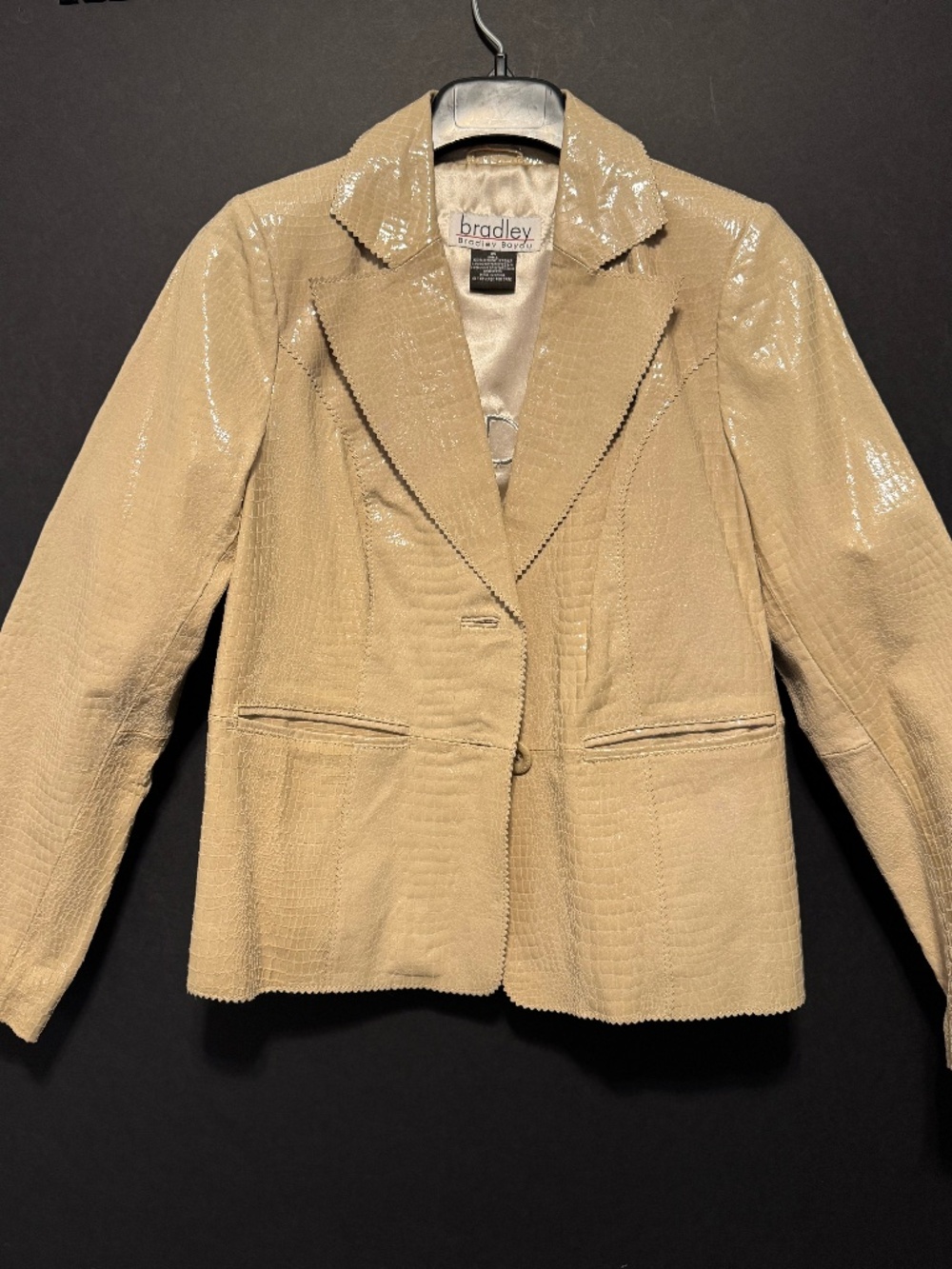 Bradley Bayou Genuine Leather Croc Embossed Blazer Jacket Beige XS